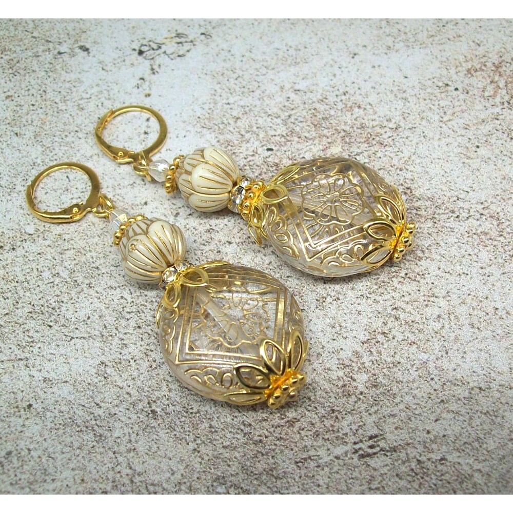 Art Nouveau Earrings Dangle. Gold, Vintage Style, Handmade Artisan Crafted Ornat